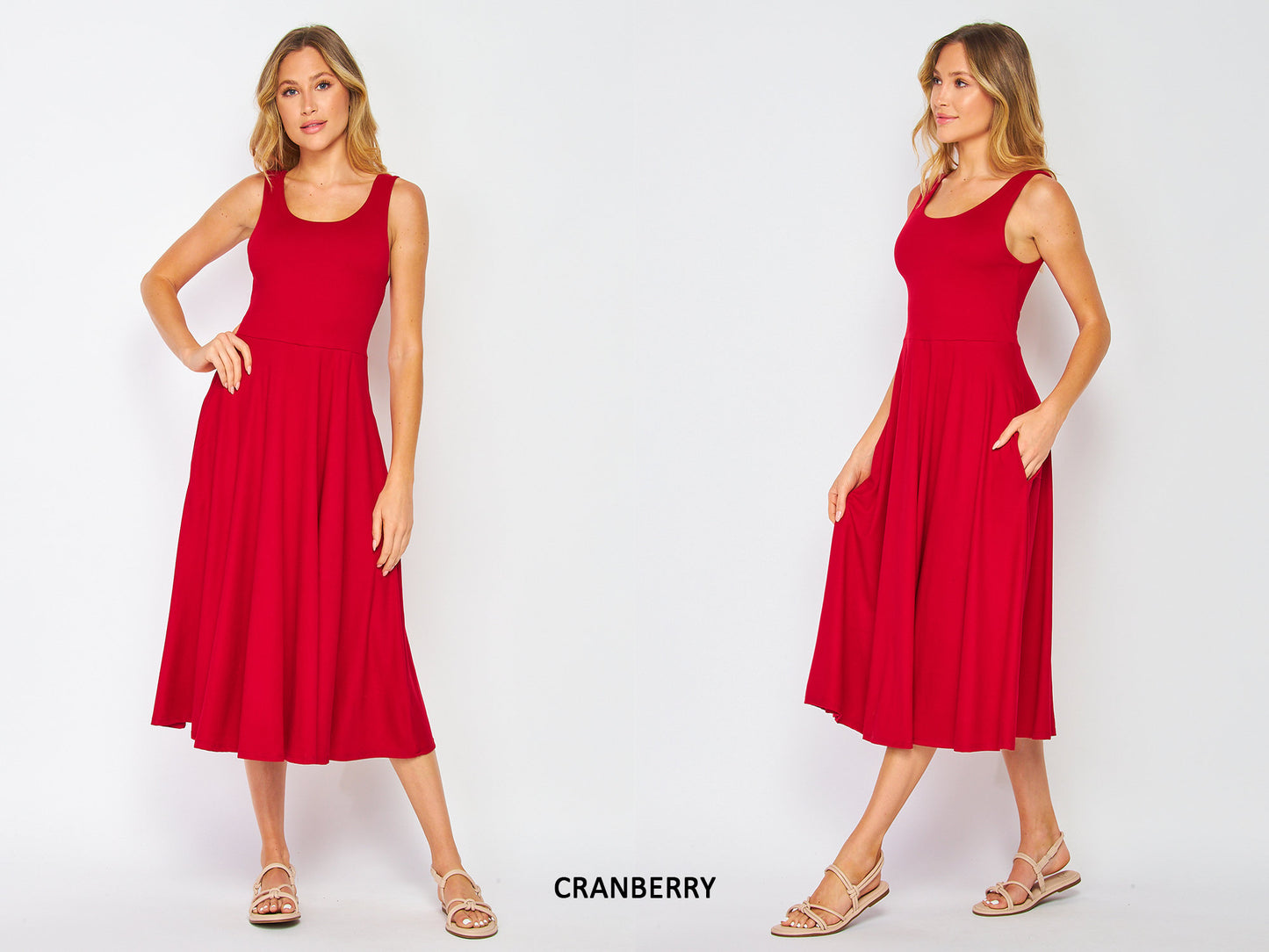 Flowy Sleeveless Midi Dress with Pockets - Lightweight, Breathable, Travel-Friendly - Custom Lengths Available
