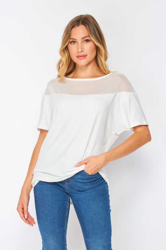Mesh Yoke Loose Fit Dolman Sleeve Knit Top / Available in Plus Size