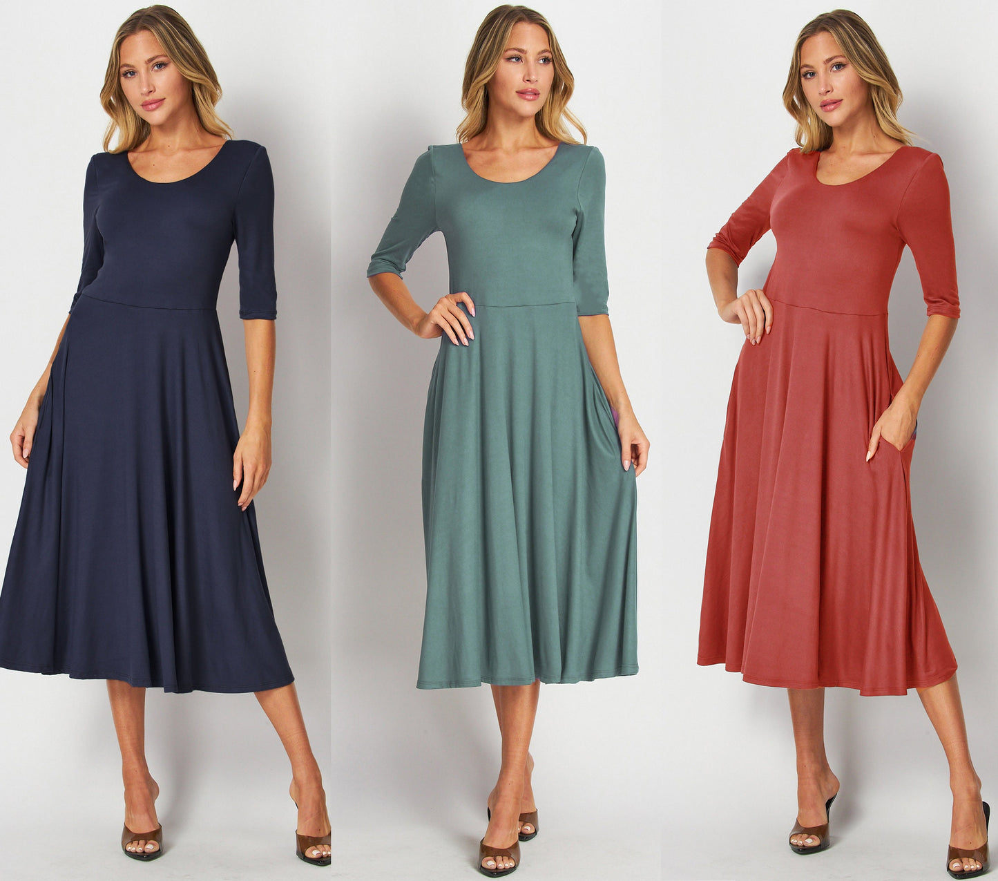 Flowy Flared Midi Dress with Elbow Sleeves & Pockets – Custom Length, Maternity & Travel Friendly, Handmade in USA