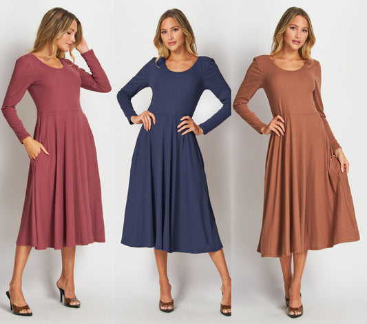 Custom Made Long Sleeve Rib Midi Dress with Pockets / Available in Petite, Plus and Tall