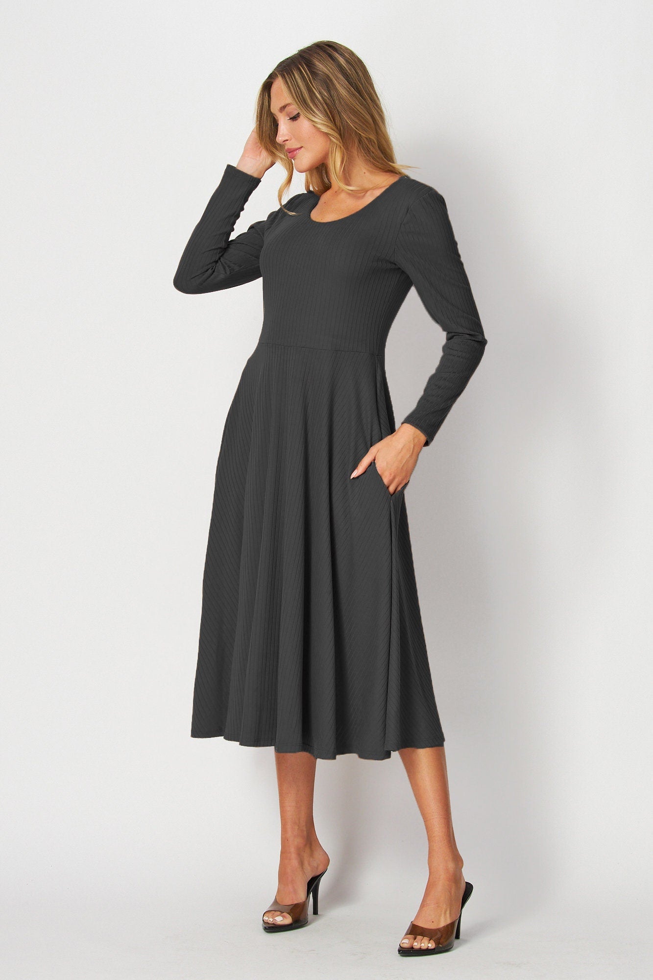 Custom Made Long Sleeve Rib Midi Dress with Pockets / Available in Petite, Plus and Tall