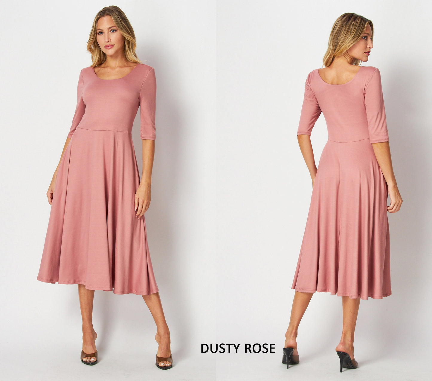 Flowy Flared Midi Dress with Elbow Sleeves & Pockets – Custom Length, Maternity & Travel Friendly, Handmade in USA