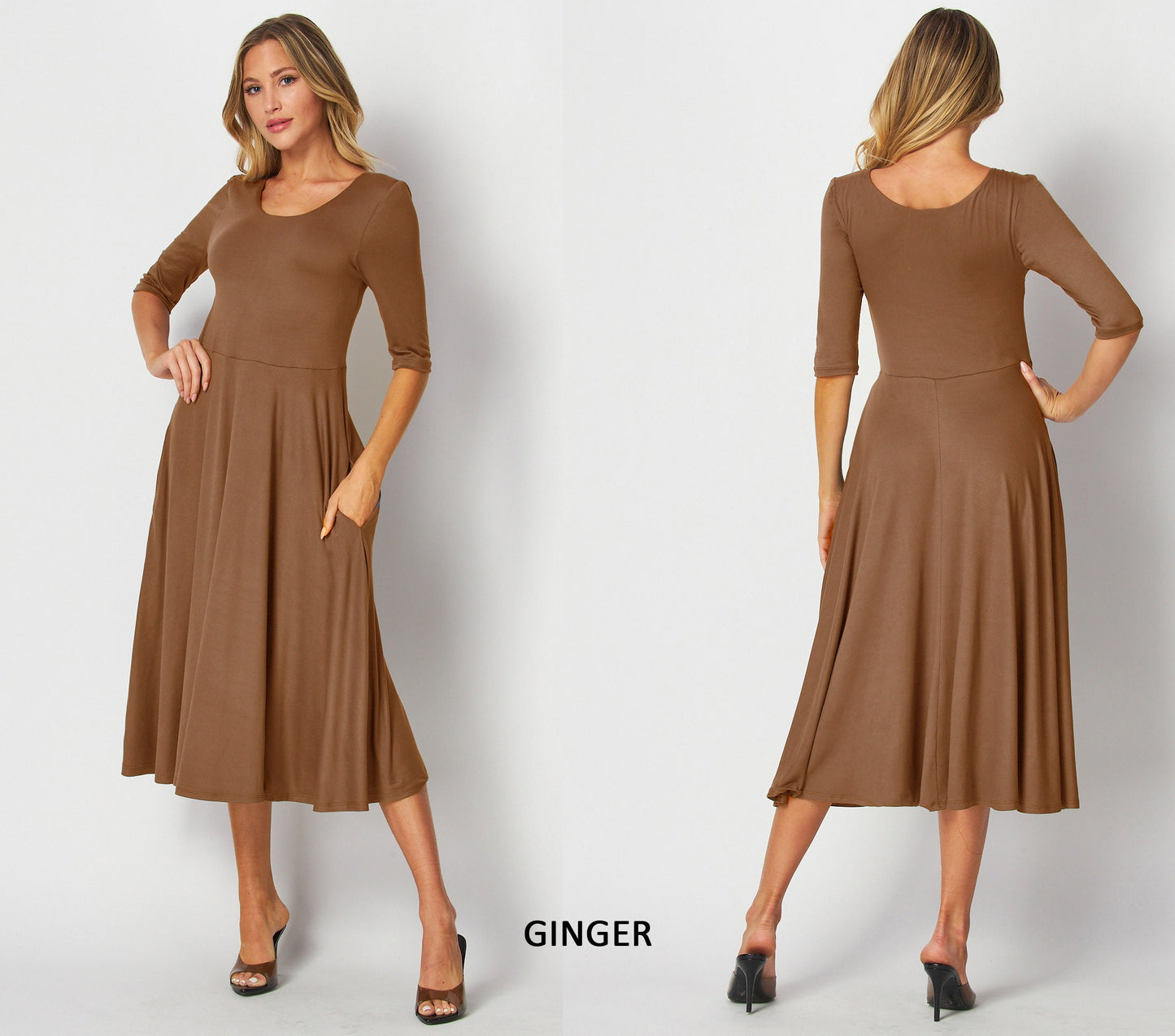 Flowy Flared Midi Dress with Elbow Sleeves & Pockets – Custom Length, Maternity & Travel Friendly, Handmade in USA