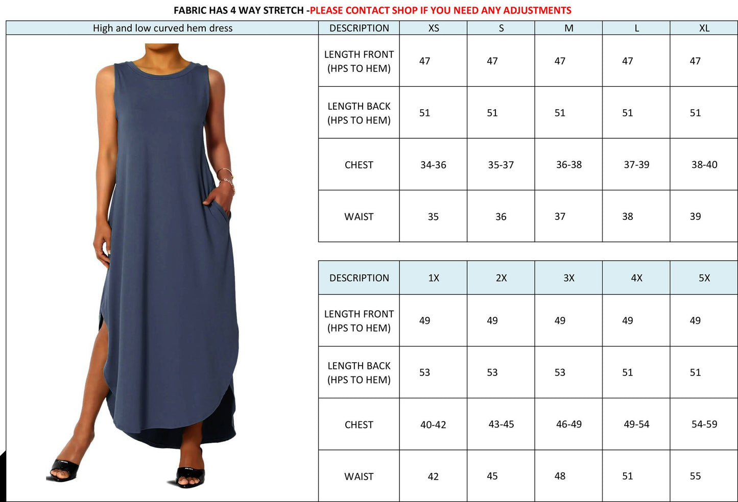 Sleeveless High and Low Curved Hem Dress with Pockets / Available in Plus size