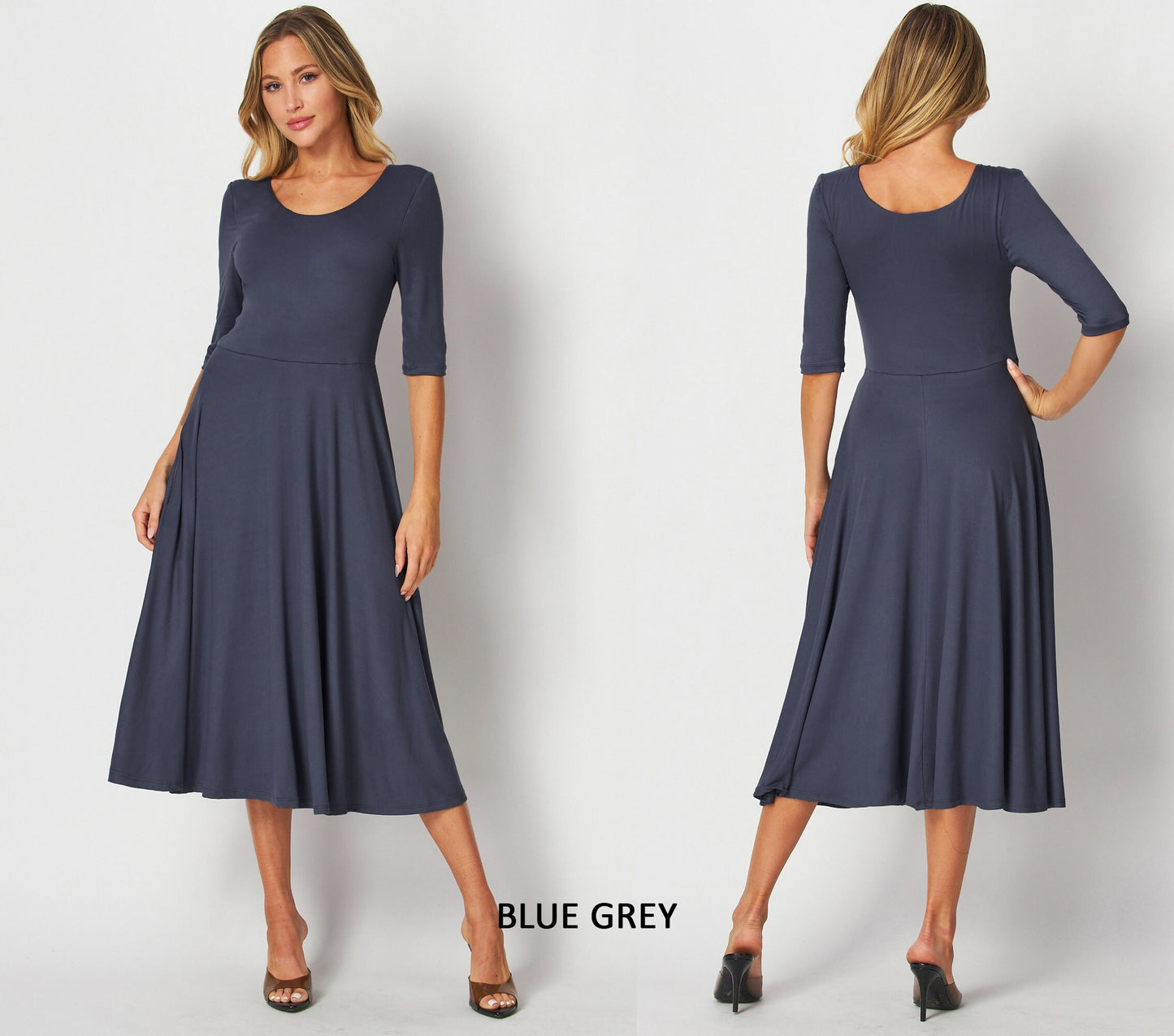 Flowy Flared Midi Dress with Elbow Sleeves & Pockets – Custom Length, Maternity & Travel Friendly, Handmade in USA