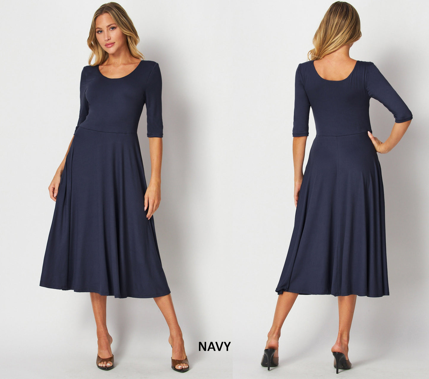 Flowy Flared Midi Dress with Elbow Sleeves & Pockets – Custom Length, Maternity & Travel Friendly, Handmade in USA