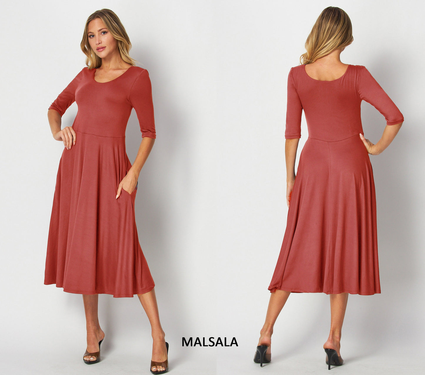 Flowy Flared Midi Dress with Elbow Sleeves & Pockets – Custom Length, Maternity & Travel Friendly, Handmade in USA
