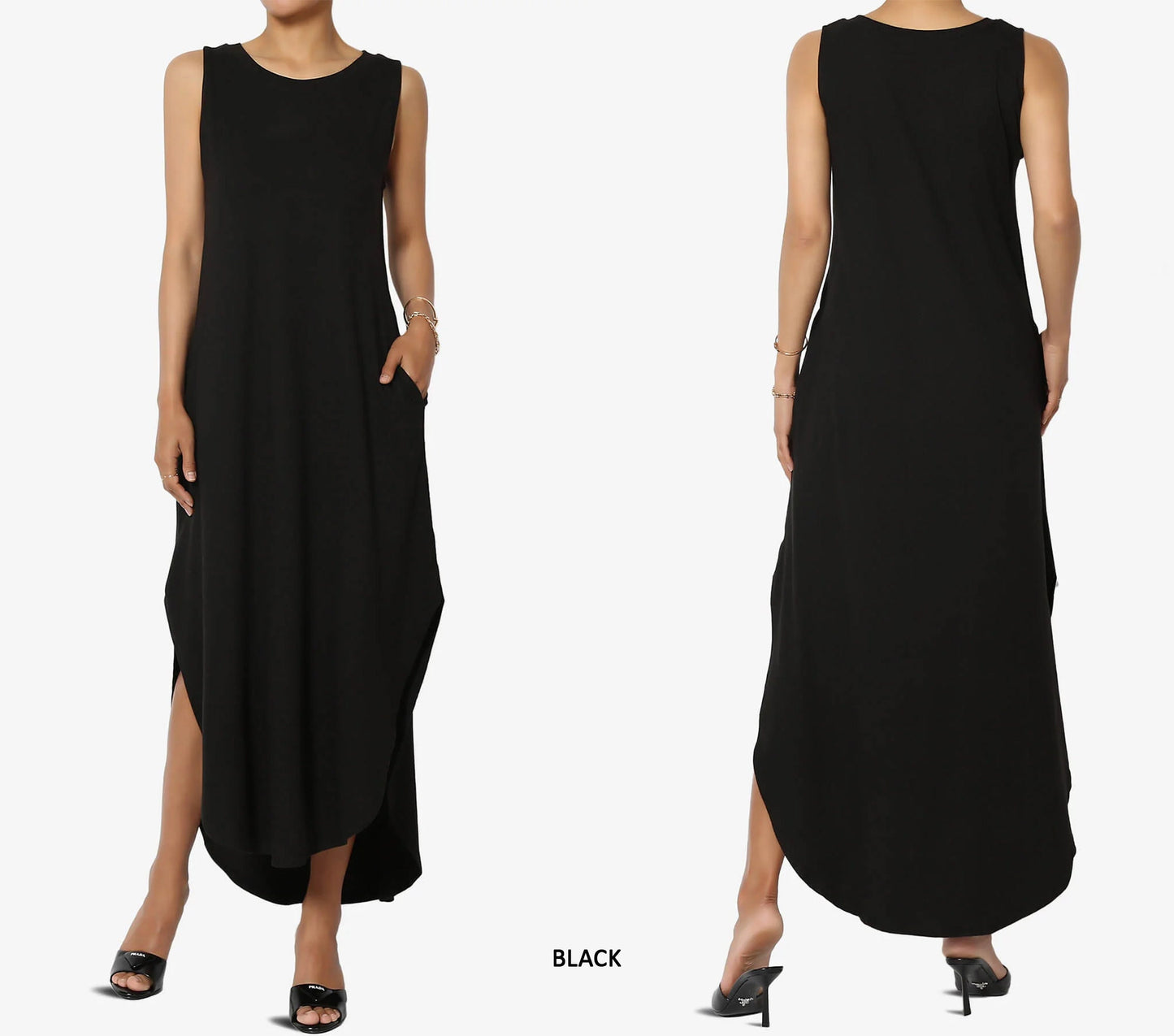 Sleeveless High and Low Curved Hem Dress with Pockets / Available in Plus size