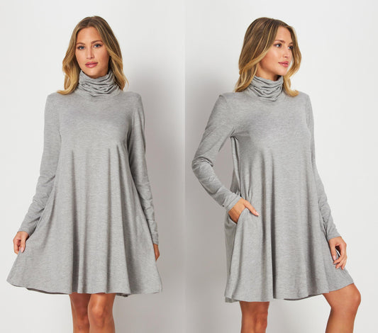 Custom Made Shirred & Ruched Turtle Neck Tunic Dress with Pockets / Available in Petite,Plus and Tall
