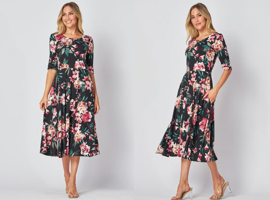 Customizable Flowy Flared Dress with Elbow Sleeves and Pockets | Maternity & Travel-Friendly | Handmade in the USA