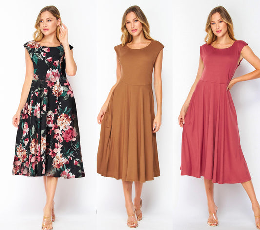 Easy & Comfy Flowy Cap Sleeve Midi Dress with Pockets - Custom Length, Buttery Soft, Breathable, Travel-Ready, Wrinkle-Free, Handmade in USA