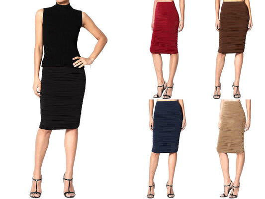 Upcycled Double layered Ruched Pencil Skirt / Shirring Fitted Skirt/ Mid-calf Skirt/ Plus Size Pencil Skirt/  Made in USA