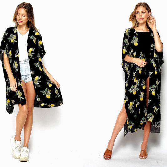 Upcycled Handmade "Black Lemon" Kimono Robe and Beach Cover up , Plus Size Kimono Robe, Made in USA