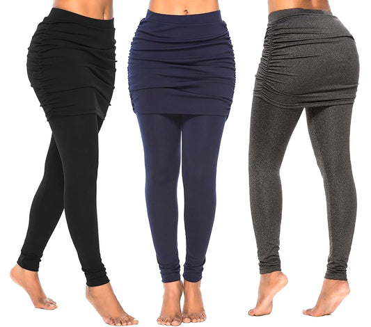 Ruched Skirted Leggings – 2-in-1 Shirred Skirt Overlay, Maternity & Travel Friendly, Custom Length Available, Handmade in USA