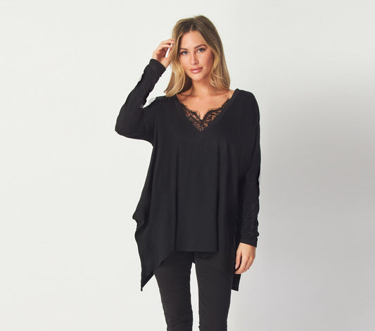 Oversized Hanky Hem Top with Delicate Lace Neckline – Boho Statement Blouse - Available in Petite, plus and tall. Handmade in USA