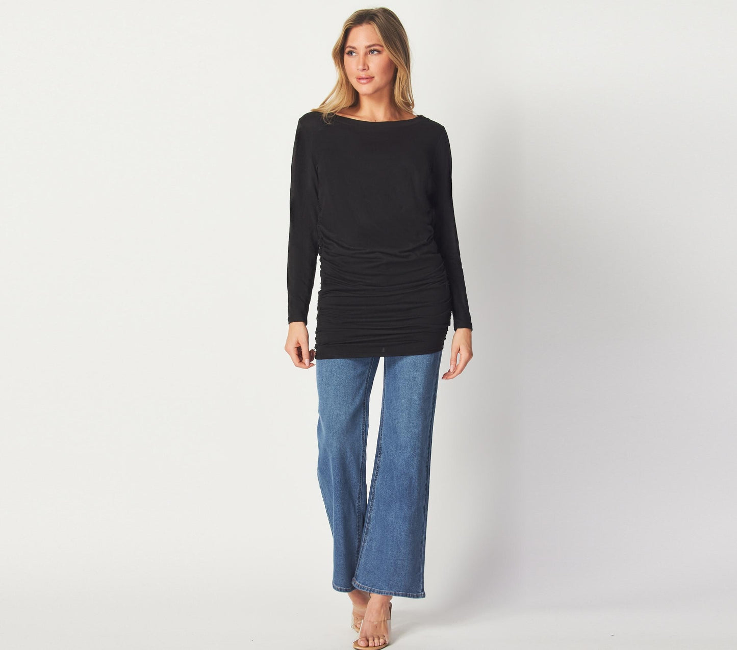 Black Ruched Long Sleeve Tunic Top – Slim Fit Lightweight Stretch Fabric for Casual and Layered Looks -  Available in Petite, Plus, Tall