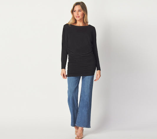 Black Ruched Long Sleeve Tunic Top – Slim Fit Lightweight Stretch Fabric for Casual and Layered Looks -  Available in Petite, Plus, Tall