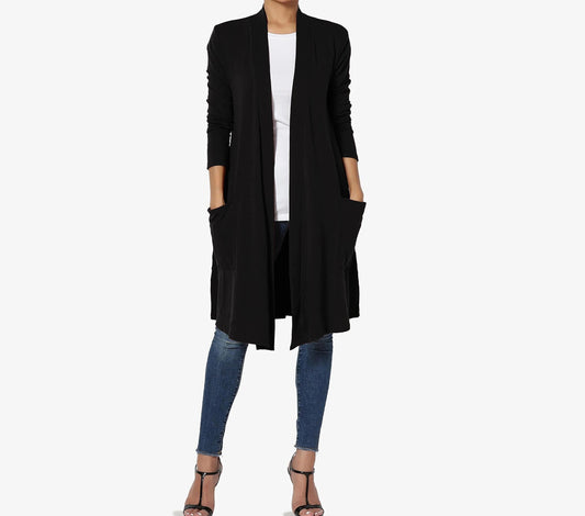 Knee Length Long Sleeve with Slouchy Pocket Cardigan / Custom made for Plus, Petite, Tall / Made in USA