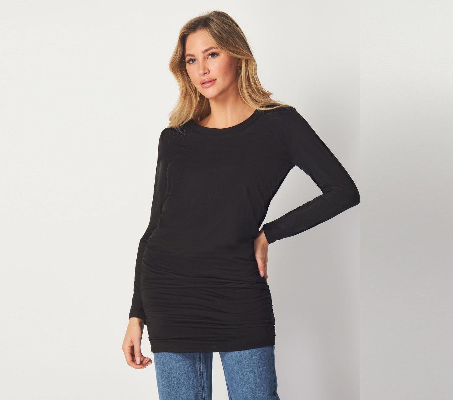 Black Ruched Long Sleeve Tunic Top – Slim Fit Lightweight Stretch Fabric for Casual and Layered Looks -  Available in Petite, Plus, Tall