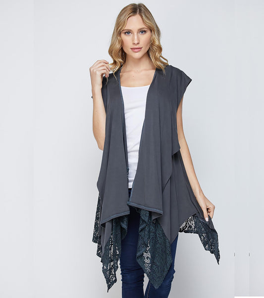 Women's Open Front Drape Vest with Lace Trim – Sleeveless Boho Cardigan, Lightweight Layering Piece