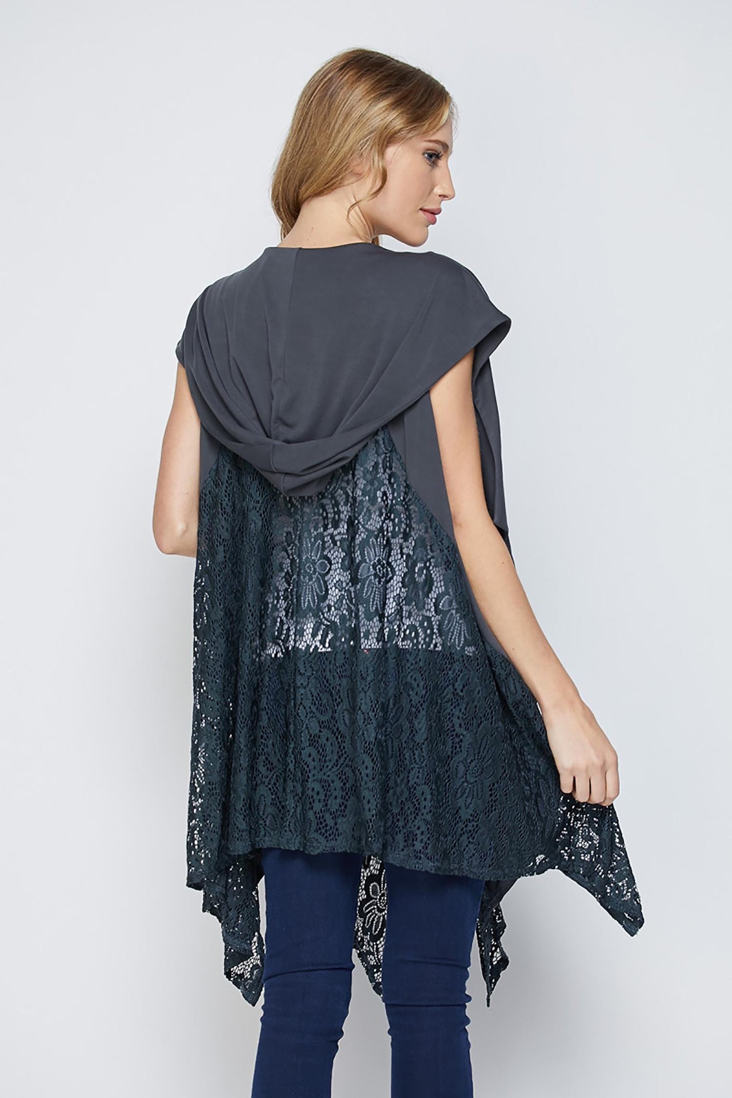 Women's Open Front Drape Vest with Lace Trim – Sleeveless Boho Cardigan, Lightweight Layering Piece