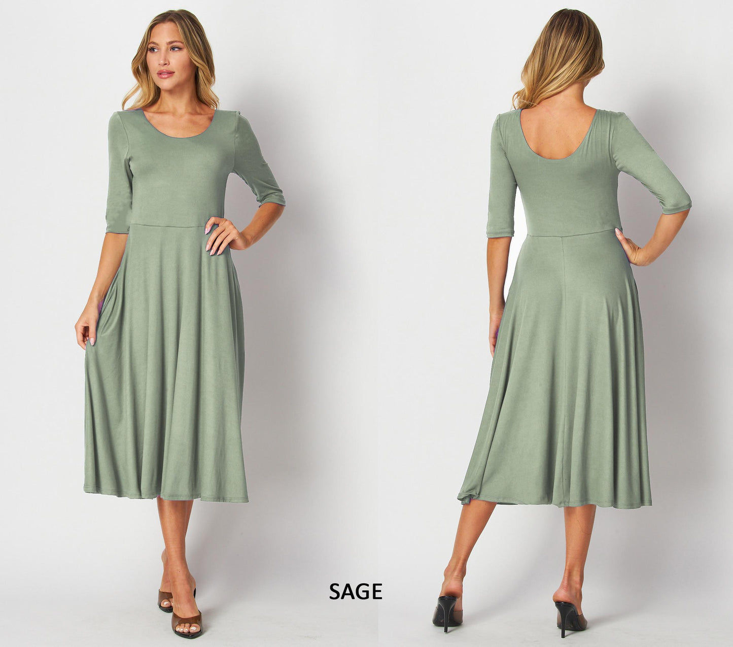 Flowy Flared Midi Dress with Elbow Sleeves & Pockets – Custom Length, Maternity & Travel Friendly, Handmade in USA