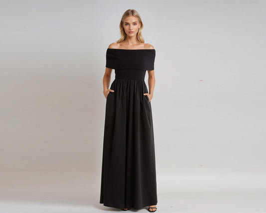 Elegant Off-Shoulder Cotton Maxi Dress – High Waist, Pockets, Custom Petite & Tall Fit