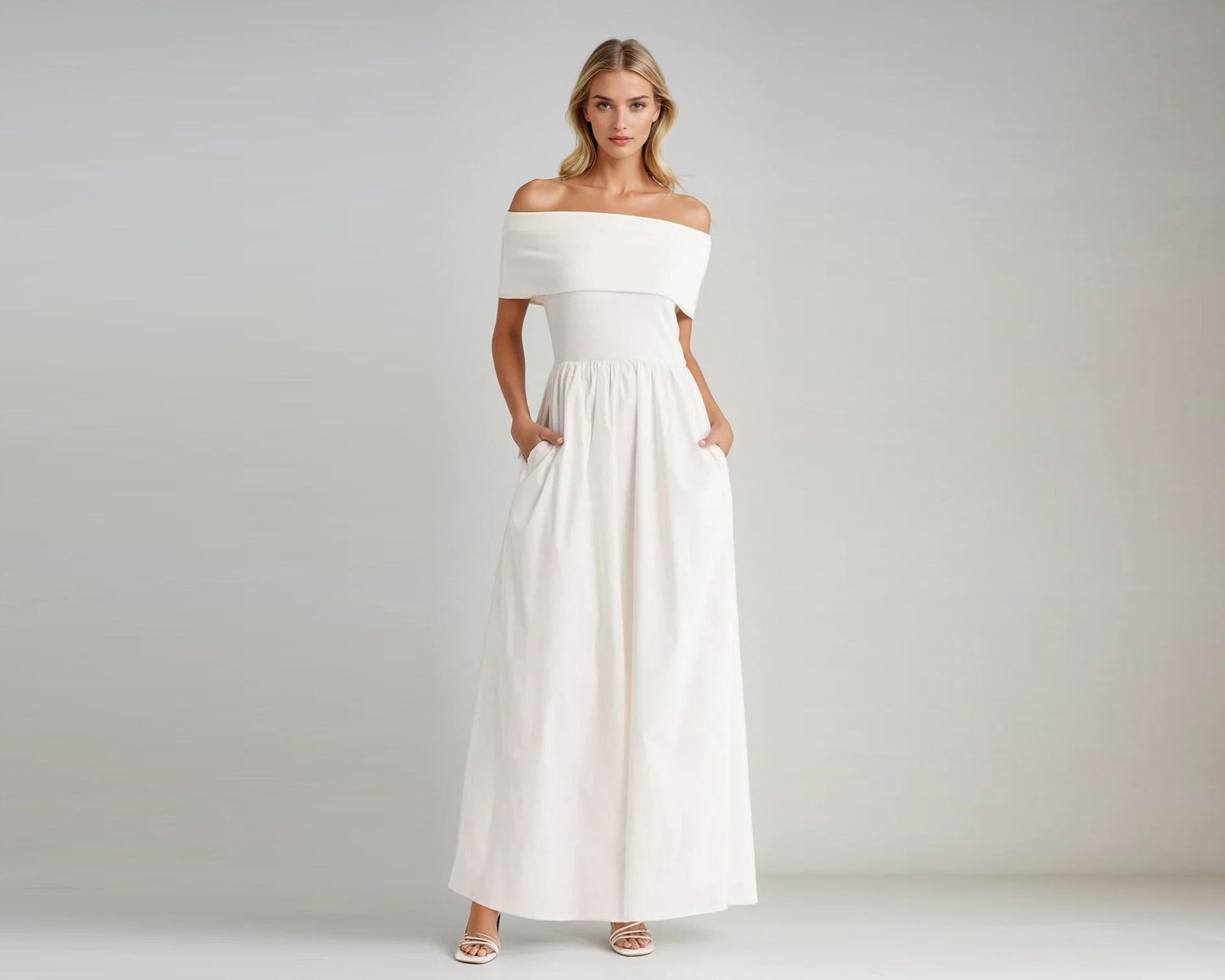 Elegant Off-Shoulder Cotton Maxi Dress – High Waist, Pockets, Custom Petite & Tall Fit