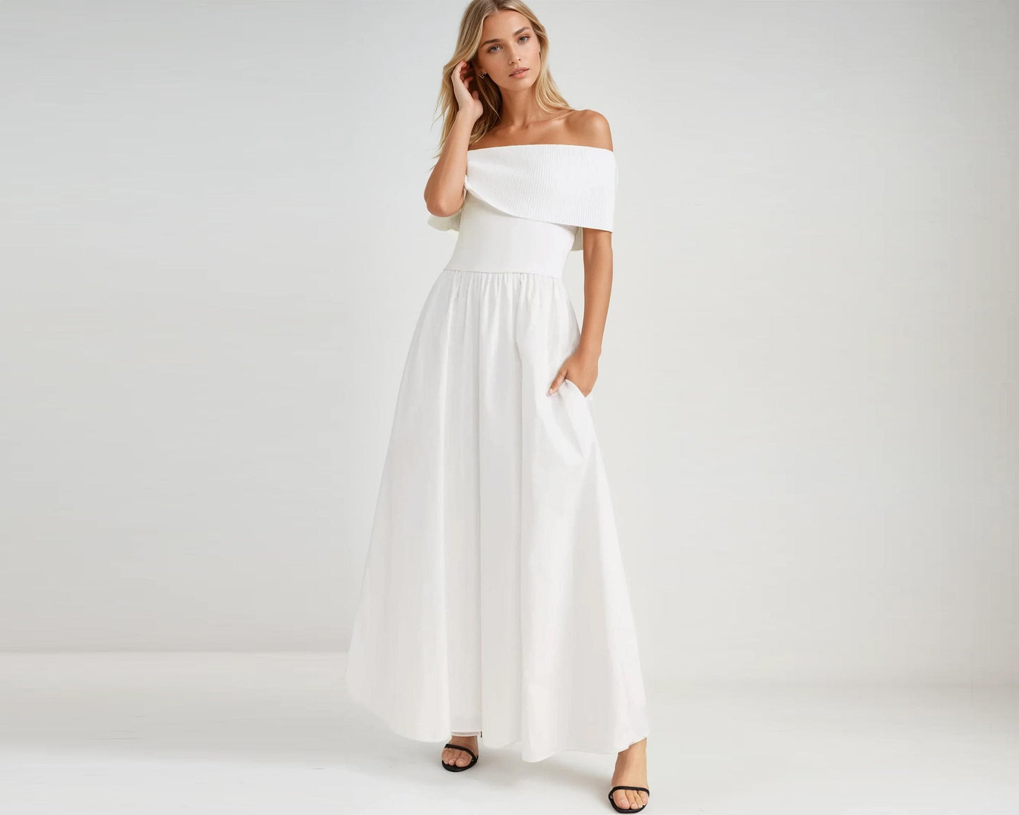 Off-Shoulder Cotton Maxi Dress – High Waist, Pockets, Custom Petite & Tall Fit
