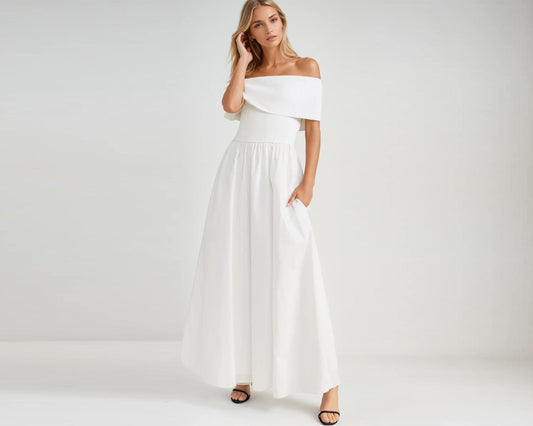 Off-Shoulder Cotton Maxi Dress – High Waist, Pockets, Custom Petite & Tall Fit